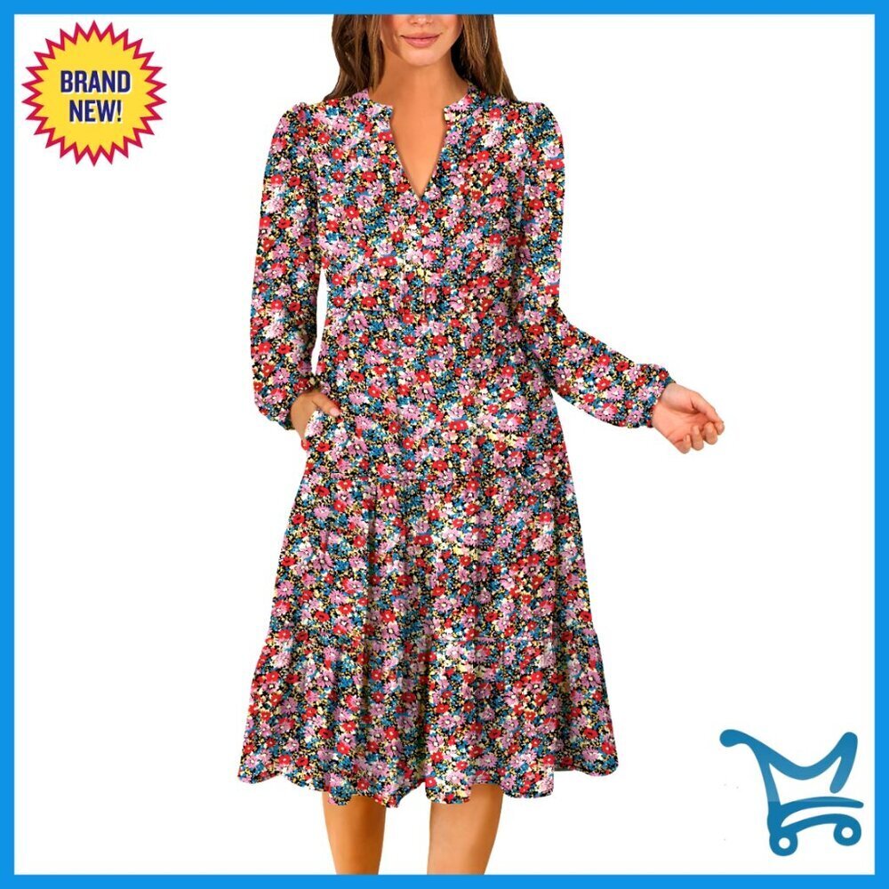 Long Sleeve Midi Dress V Neck Loose Fit Flowy Boho Tiered Casual Wear
